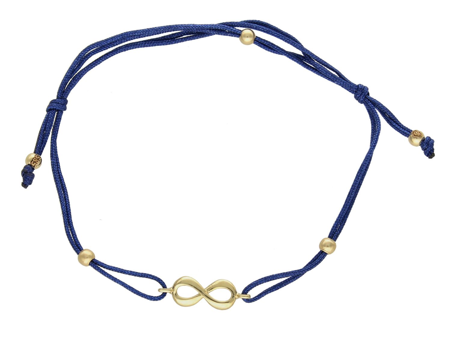 Bransoletka damska na sznureczku ze złotymi kuleczkami i znakiem nieskończoność  BR 4722B 585.  Bransoletka złota sprawdzi się na co dzień i do stylizacji bardziej eleganckich i wyjściowych. Rozmiar bransoletki jest regulowan (1).jpg